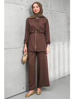 İmaj Butik Kahverengi Bel Lastikli Fermuarlı Ceket Pantolonlu Takım