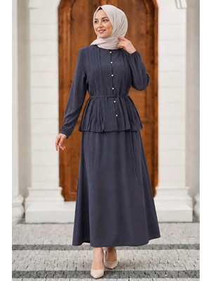 İmaj Butik Antrasit Hakim Yaka Nervürlü Modal Dokuma Etekli Takım