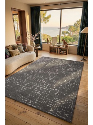 Cotto Home Mikasa MKS01Z Antrasit Dekoratif Şönil Kilim Iskandinav Desen Yıkanabilir Yumuşak Kaymaz Taban Halı