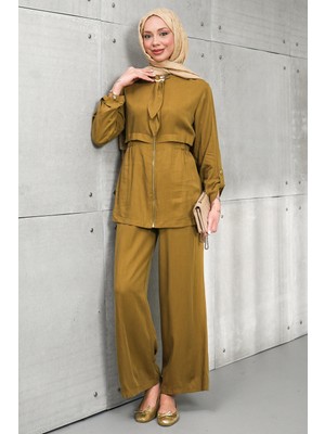 İmaj Butik Yağ Yeşili Bel Lastikli Fermuarlı Ceket Pantolonlu Takım