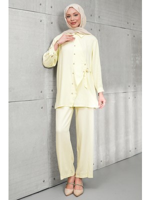 İmaj Butik Sarı Düğmeli Tunik Pantolonlu Takım