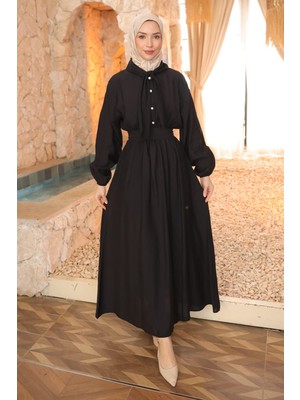 İmaj Butik Siyah Yaka Detaylı Bel Lastikli Elbise