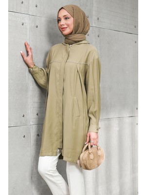 İmaj Butik Haki Gizli Fermuarlı Kapüşonlu Tunik