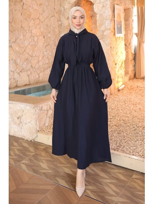 İmaj Butik Lacivert Yaka Detaylı Bel Lastikli Elbise