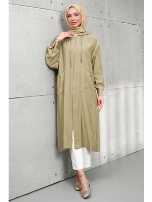 İmaj Butik Haki Fermuarlı Kapüşonlu Kap