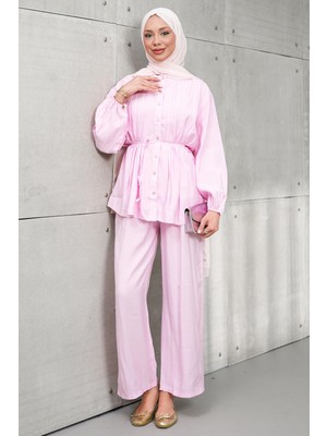 İmaj Butik Pembe Nervür Detaylı Tunik Pantolonlu Takım