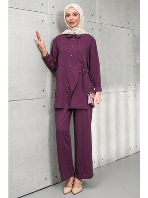 İmaj Butik Mürdüm Düğmeli Tunik Pantolonlu Takım