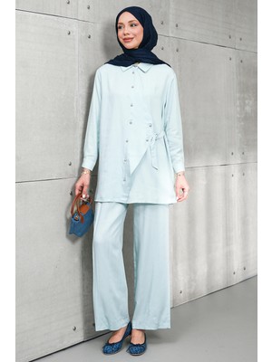 İmaj Butik Buz  Mavi Düğmeli Tunik Pantolonlu Takım