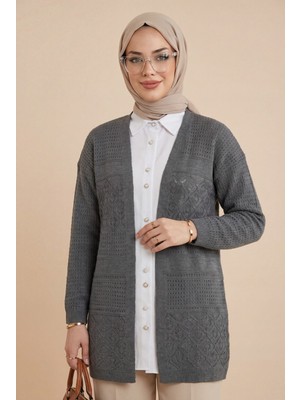 Moda Morfo Ajurlu Mevsimlik Triko Hırka   -Füme