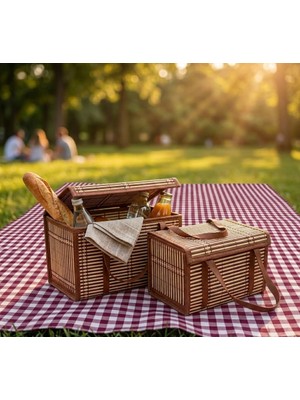 Pixue 2 Li Premium Hasır Tasarım Piknik ve Dekoratif Saklama Sepeti Yeşil Kırmızı Bambu Hasır Piknik Çantası Büyük ve Küçük Boy 17L ve 11L