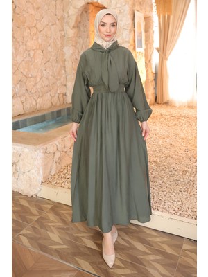İmaj Butik Haki Yaka Detaylı Bel Lastikli Elbise