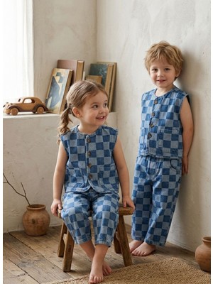 Baby Lory Kids Store Unisex Çocuk Damalı Yelekli Kot Takım