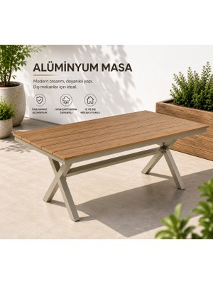 Evinizin Atölyesi Premium Alüminyum Bahçe Masası – Ahşap Görünümlü Şık Tasarım