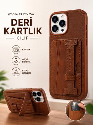 tp iPhone 13 Pro Max Uyumlu Deri Kartlıklı Standlı Kılıf Kahverengi
