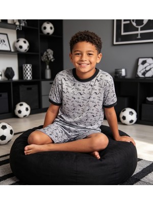 NiCe İç Giyim Futbol Temalı Gri Renk Bisiklet Yaka Kısa Kol T-Shirt & Şort Erkek Çocuk Pijama Takım Pamuklu Penye