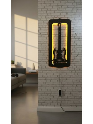 Wells Rock Guitar - Kişiye Özel Isimli Elektro Gitar Ahşap Lazer Kesim LED Işıklı Duvar Tablosu (70X35 Cm)
