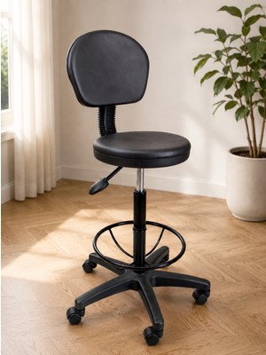 Trendcore Ergonomik Yükseklik Ayarlı Tekerlekli Ofis Koltuğu Ayak Destek Halkalı Çalışma Taburesi Siyah