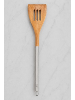 Destpak Paslanmaz Çelik Saplı Akasya Delikli Spatula Kevgir- Ahşap Spatula - Hem Dekoratif Hem Pratik