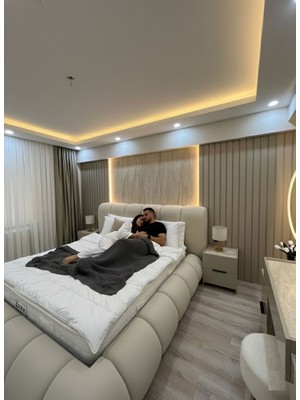 Mobilya Stant Most Piatto Premium Bazalı Karyola Ekru Bukle Kumaş 160X200 Cm. Yatak Içindir (Evinize Teslim)