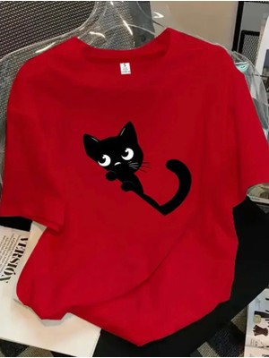 Nigrum Pardus Nıgrum Pardus Yeni Sezon Siyah Kedicik Baskılı %100 Pamuk Büyük Beden Kadın T-Shirt