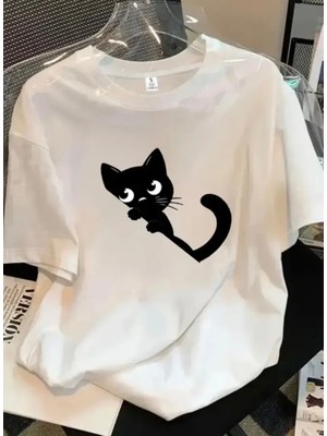 Nigrum Pardus Nıgrum Pardus Yeni Sezon Siyah Kedicik Baskılı %100 Pamuk Büyük Beden Kadın T-Shirt