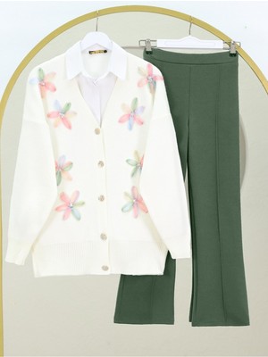 Moda Morfo V Yaka Organze Tül Çiçek Nakışlı Triko Hırka -Pudra