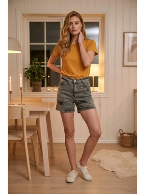 Hies Gri Antrasit Yüksek Bel Yırtık Detaylı Likralı Kadın Şort Jeans - 40 cm