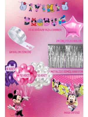 Boxland Minnie Fare Doğum Günü Parti Seti Yıldız Folyo Balon Masa Örtüsü Banner
