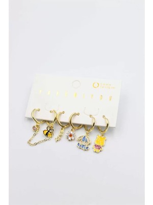Nemere Renkli Taşlı Set Küpe - Altın