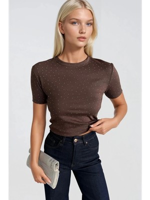 Asfaha Fashion Kadın Taş Detaylı Bisiklet Yaka Kısa Kollu Esnek Crop Tişört
