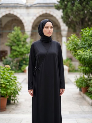 Gg Glow Kadın Yandan Bağlamalı Kruvaze Yaka Düz Namaz Elbisesi Uzun Kol Rahat Kalıp