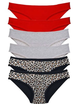 Nemere 6 Adet Likralı Kadın Slip Külot Leopar Kırmızı Gri