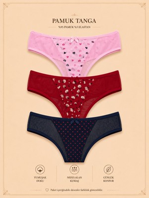 Intive Lingerie Intive Comfort Desenli Transparan Detaylı Lacivert/pembe/kırmızı 3'lü Tanga/brazilian Set