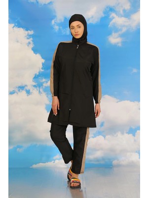 Moda Kadın Pantolonlu Kolu Şeritli Tam Tesettür Mayo Siyah Beruflic