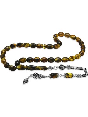 Tesbihname Damla Kehribar Tesbih - 925 Ayar Kral Zincir Püsküllü - Hareli Sarı - Arpa Kesim - Yedek Imameli