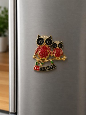 Magnet Baykuş Figürlü Türkiye Hatıra Buzdolabı Süsü Taşlı Metal Dekoratif Magnet 7x6 cm