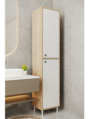 Aeka AE-2027 Lina 2 Kapaklı Çok Amaçlı Dolap 40X180 cm Raflı Dar Yüksek Boy Banyo Çok Bölmeli Depolama Dolabı