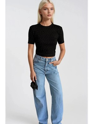 Asfaha Fashion Kadın Taş Detaylı Bisiklet Yaka Kısa Kollu Esnek Crop Tişört