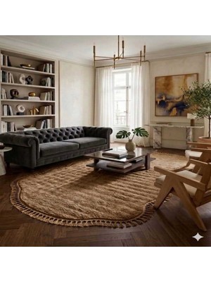 Altun Carpet Modern Babil Açık Kahve Post Pelüş Çift Kafa Jel Kaymaz Halı Ponpon Saçaklı 13ML Hav 2.2ml Kalınlık