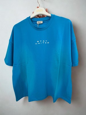 Discount World Retro Club Stay United Baskılı Unisex Oversize Mavi Tişört