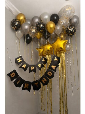 Boxland Yetişkin Doğum Günü Parti Seti Yıldız Folyo Balon Siyah Banner Fon Perde Set