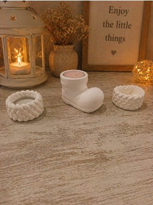 Ceku Home Tasarım Pabuç Mumluk, Örme Mumluk, Örme Kalp Dekoratif Obje Set
