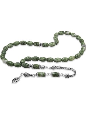 Tesbihname Doğaltaş Jasper Tesbih - 925 Ayar Gümüş Püsküllü - Çok Renkli - Arpa Kesim