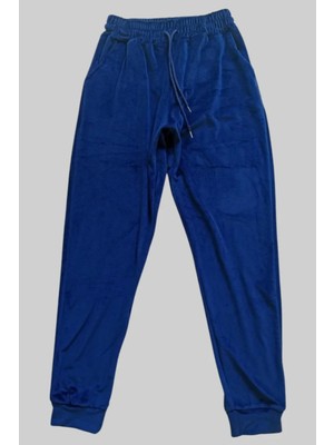 Nemere Parlak Kadife Cepli Pantolon Eşofman Pijama Altı Unisex Lastikli Paça Lacivert