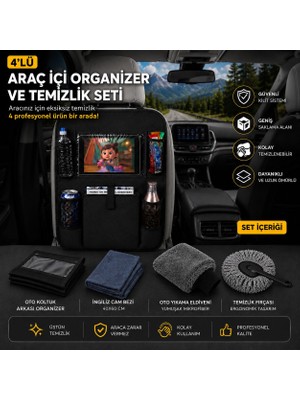 Pixue 4’lü Profesyonel Oto Koltuk Arkası Organizer & Temizlik Seti 6 Cepli Koltuk Arkası Organize Temizlik Eldiveni Ingiliz Bezi Toz Fırçası