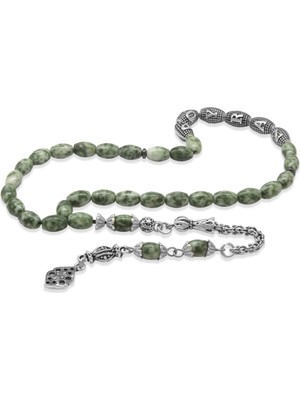 Tesbihname Doğaltaş Jasper Tesbih - Kararmaz Metal Arnavut Püsküllü - Kişiye Özel Isim Yazılı - Arpa Kesim