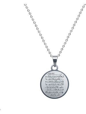Tesbihname Kadın Çelik Kolye - Ayetel Kürsi Yazılı - Kişiye Özel - Gümüş Renk - Oval Tasarım - 45 cm