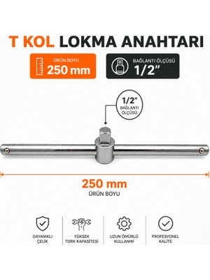 Badem10 T Kol 1/2 250 mm Çelik Lokma Anahtar Kolu Oto Tamir Bakım Uyumlu El Aleti Profesyonel
