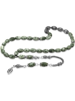 Tesbihname Doğaltaş Jasper Tesbih - 925 Ayar Gümüş Püsküllü - Kişiye Özel Isim Yazılı - Arpa Kesim