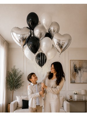 Boxland 12'li Helyumla Uyumlu Siyah Beyaz Gümüş Balon Seti 2'li 18 Inç Kalpli Folyo Balonlu Doğum Günü Parti